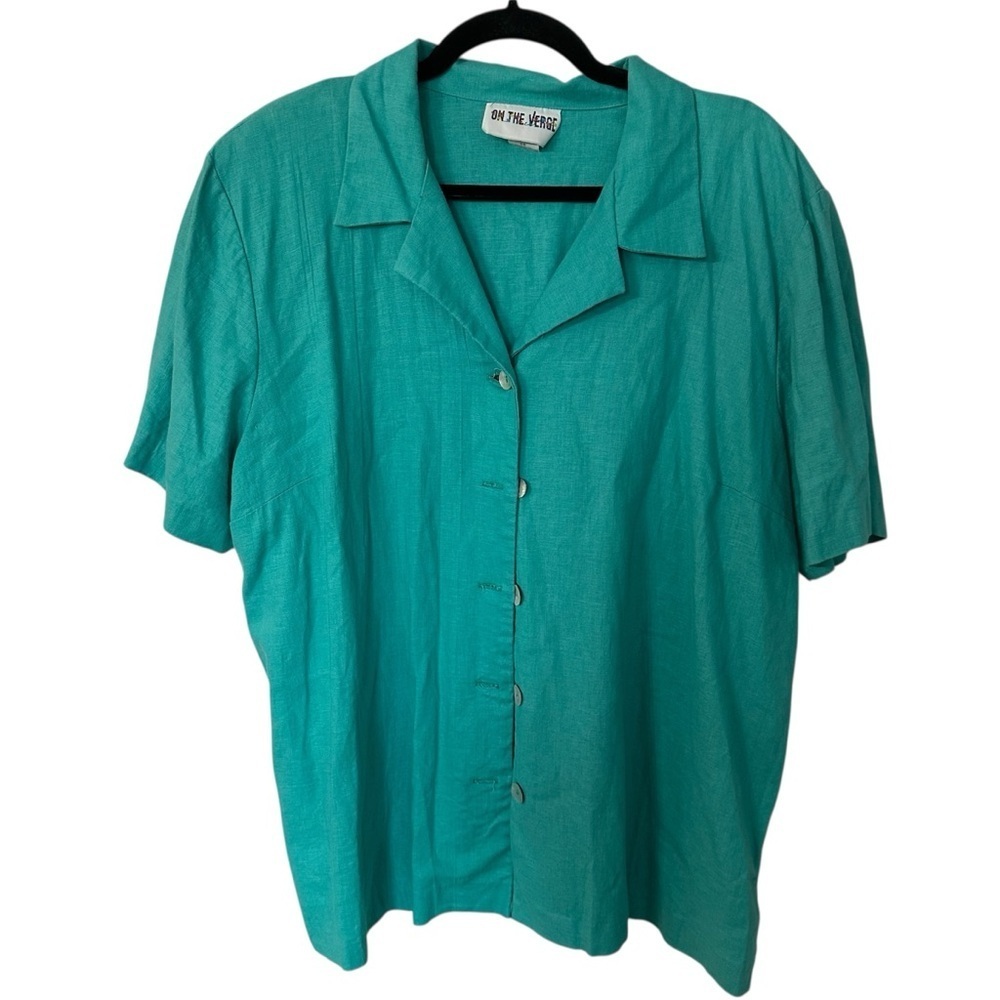 On The Verge Women’s Short Sleeve Aqua Blue Button Up Linen Blend Top Sz 18 GUC
